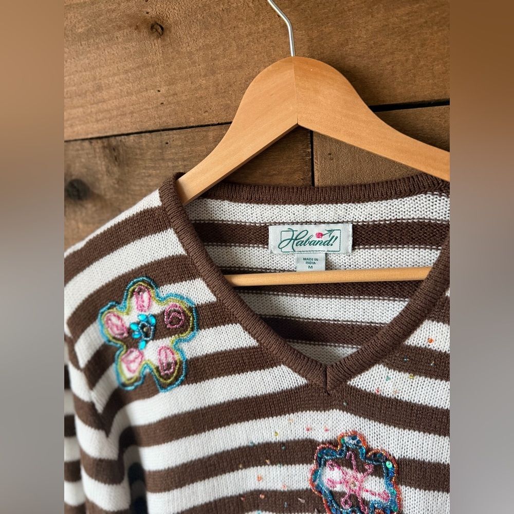 Vintage Striped Floral Beaded Knit Sweater V Neck Soft 90s Cottage - Picture 11 of 16